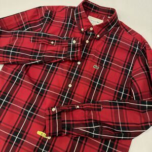 Lacoste Slim Fit Mens L FR 42 Plaid Dress Shirt Red Black Cotton Stretch Classic